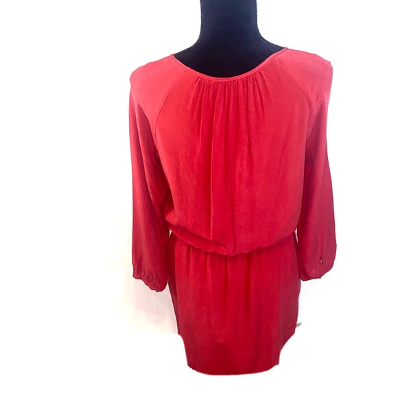 Madewell Red Silk Size 8 Elastic Waist Smocked Shoulder Long Sleeve Mini Dress - Picture 3 of 10
